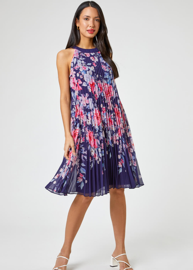 Roman Navy Floral High Neck Pleated Chiffon Swing Dress