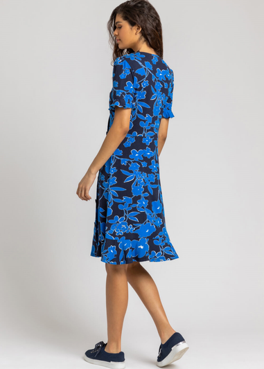 Roman Royal Blue Floral Button Stretch Wrap Tea Dress