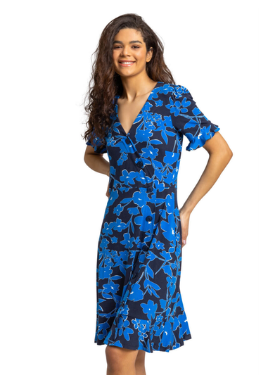 Roman Royal Blue Floral Button Stretch Wrap Tea Dress