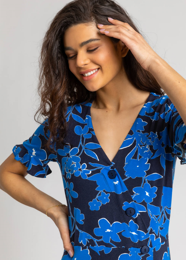 Roman Royal Blue Floral Button Stretch Wrap Tea Dress