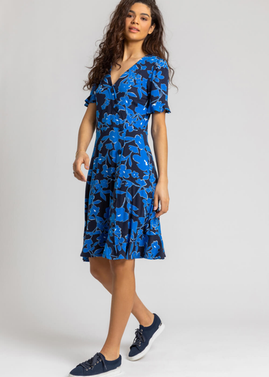 Roman Royal Blue Floral Button Stretch Wrap Tea Dress