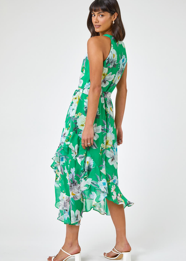 Roman Green Floral Asymmetric Belted Midi Dress