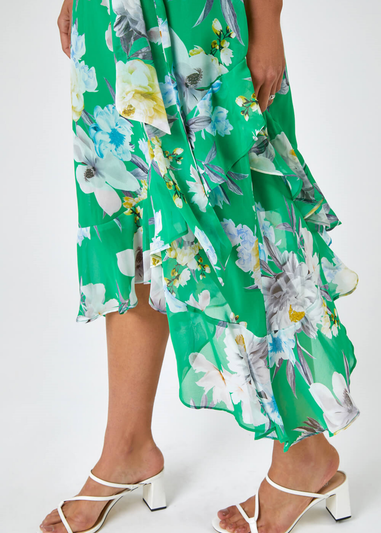 Roman Green Floral Asymmetric Belted Midi Dress