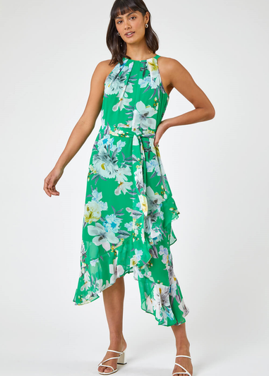 Roman Green Floral Asymmetric Belted Midi Dress