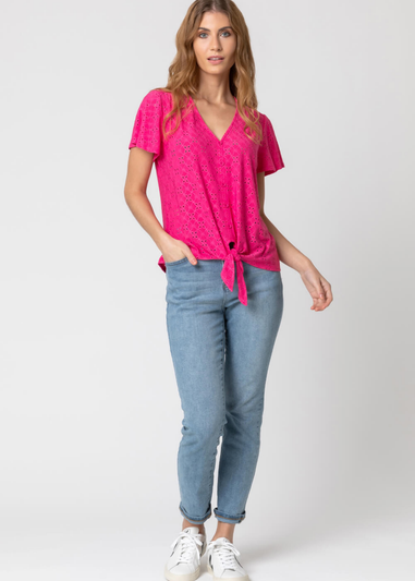 Roman Fuchsia V-Neck Broderie Stretch Jersey Tie Front Top