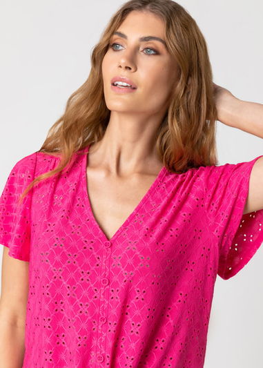 Roman Fuchsia V-Neck Broderie Stretch Jersey Tie Front Top