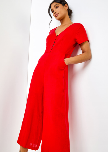 Roman Red Cotton Blend Culotte Jumpsuit