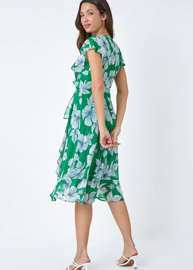 Roman Green Floral Print Chiffon Frill Wrap Midi Dress