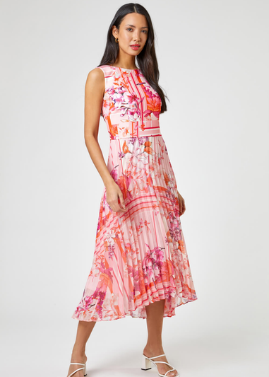 Roman Pink Floral Print Fit And Flare Pleated Dress