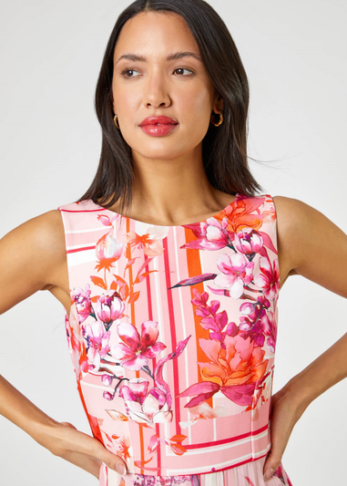 Roman Pink Floral Print Fit And Flare Pleated Dress