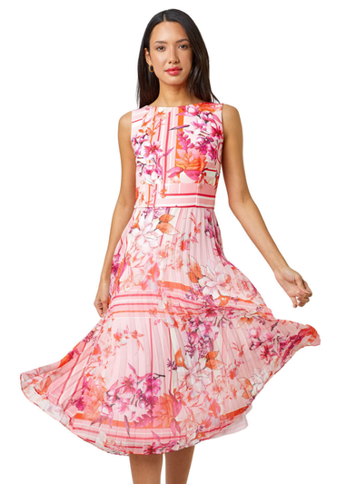 Roman Pink Floral Print Fit And Flare Pleated Dress