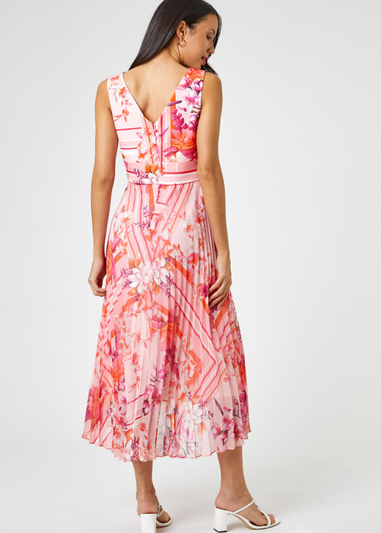 Roman Pink Floral Print Fit And Flare Pleated Dress