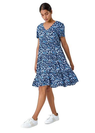 Roman Blue Zig Zag Pocket Tiered Smock Dress