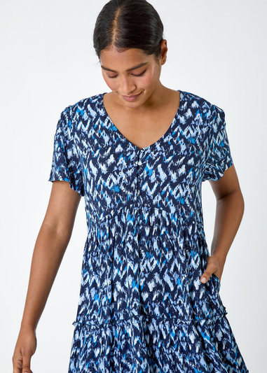 Roman Blue Zig Zag Pocket Tiered Smock Dress