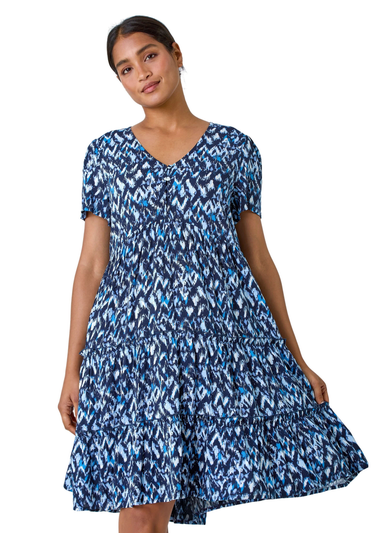 Roman Blue Zig Zag Pocket Tiered Smock Dress