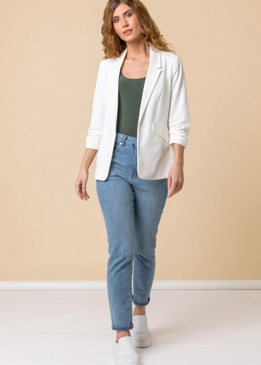 Roman Ivory Ruched 3/4 Sleeve Blazer Jacket