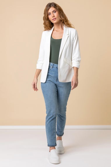 Roman Ivory Ruched 3/4 Sleeve Blazer Jacket