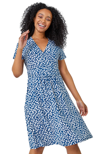 Roman Navy Petite Spot Print Wrap Dress