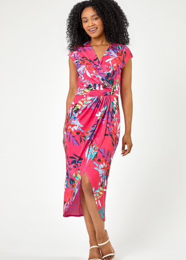 Roman Pink Petite Tropical Print Ruched Wrap Dress