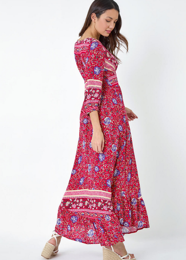 Roman Red Floral Border Print Wrap Maxi Dress