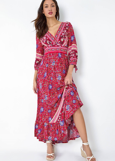 Roman Red Floral Border Print Wrap Maxi Dress