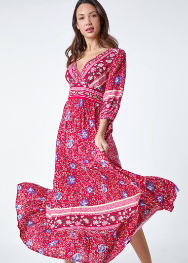 Roman Red Floral Border Print Wrap Maxi Dress