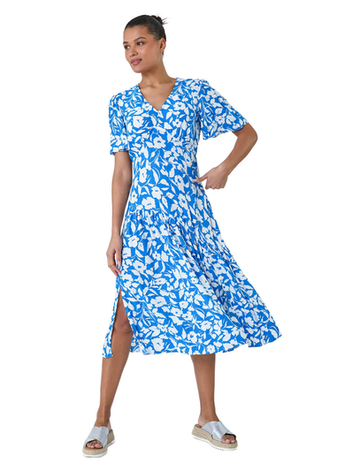 Roman Blue Tiered Contrast Floral Print Dress