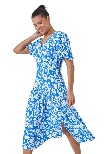 Roman Blue Tiered Contrast Floral Print Dress