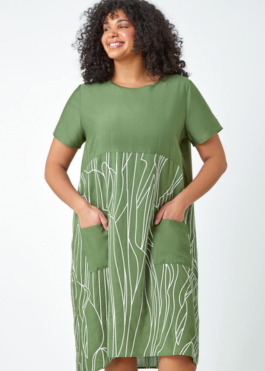 Roman Khaki Curve Contrast Print Pocket T-Shirt Dress