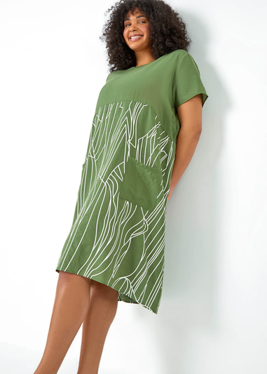 Roman Khaki Curve Contrast Print Pocket T-Shirt Dress