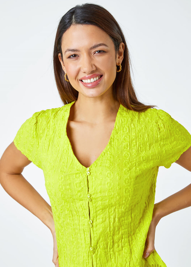 Roman Lime Cotton Embroidered V-Neck Crinkle Blouse