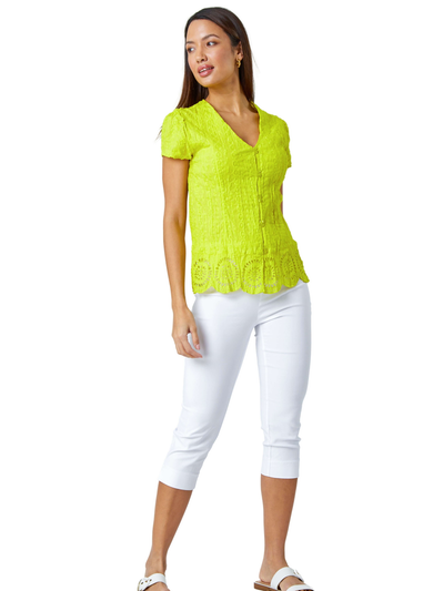 Roman Lime Cotton Embroidered V-Neck Crinkle Blouse