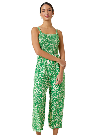 Roman Green Aztec Print Crop Shirred Jumpsuit