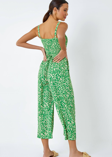 Roman Green Aztec Print Crop Shirred Jumpsuit