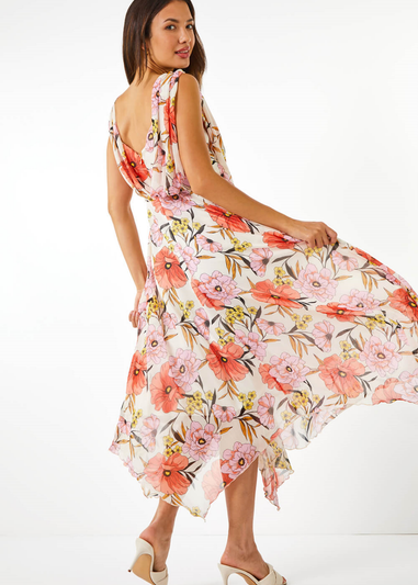 Roman Orange Floral Chiffon Hanky Hem Asymmetric Dress