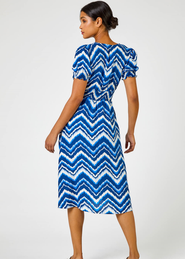 Roman Blue Abstract Zig Zag Pocket Tea Dress