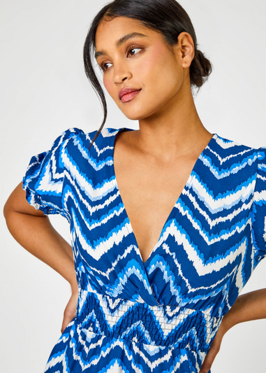 Roman Blue Abstract Zig Zag Pocket Tea Dress