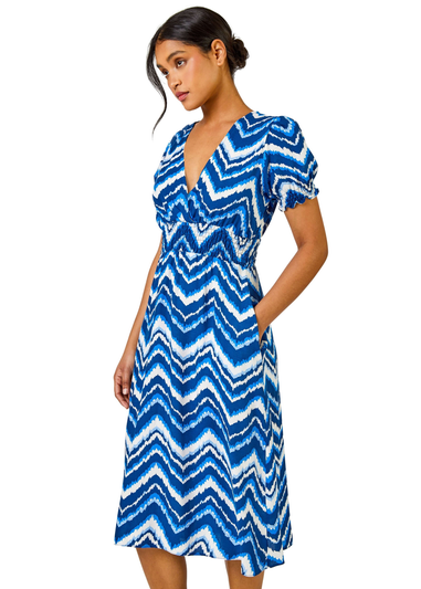 Roman Blue Abstract Zig Zag Pocket Tea Dress