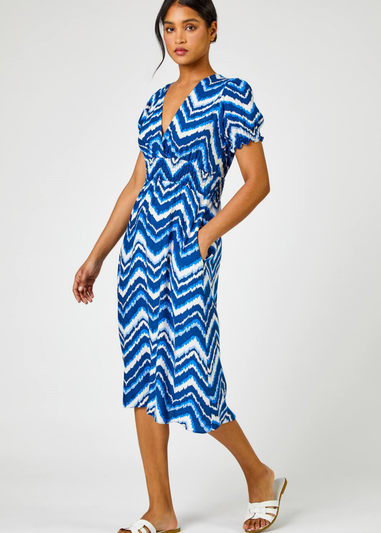 Roman Blue Abstract Zig Zag Pocket Tea Dress