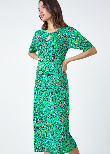 Roman Green Animal Print Keyhole Stretch Dress