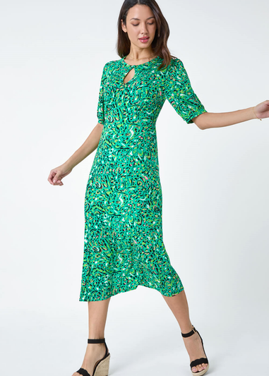 Roman Green Animal Print Keyhole Stretch Dress