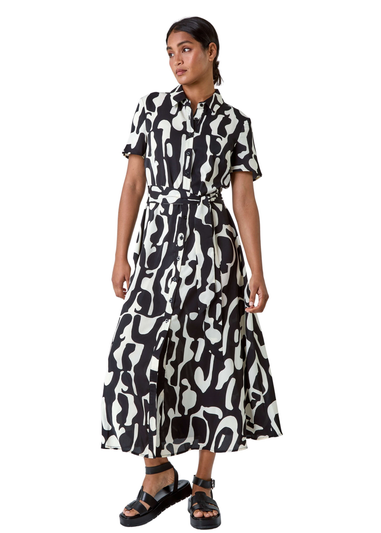 Roman Black Abstract Print Fit & Flare Shirt Dress