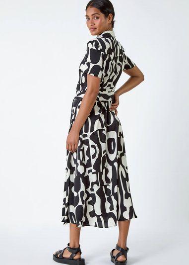 Roman Black Abstract Print Fit & Flare Shirt Dress