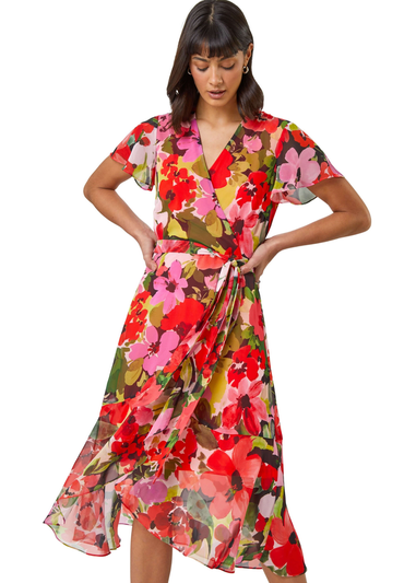 Roman Red Floral Print Asymmetric Midi Wrap Dress