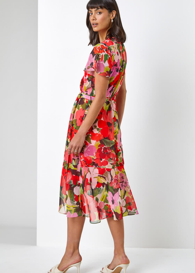 Roman Red Floral Print Asymmetric Midi Wrap Dress