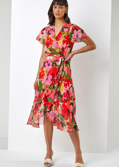 Roman Red Floral Print Asymmetric Midi Wrap Dress