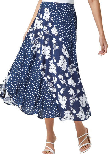 Roman Blue Mixed Floral Spot Print A Line Midi Skirt