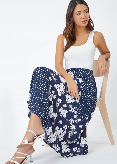 Roman Blue Mixed Floral Spot Print A Line Midi Skirt