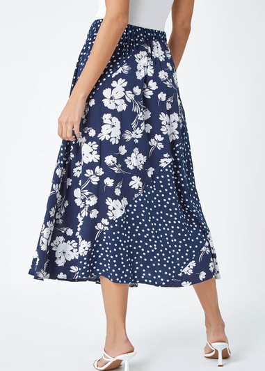 Roman Blue Mixed Floral Spot Print A Line Midi Skirt - Matalan