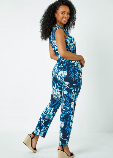 Roman Blue Petite Tropical Print Tie Waist Jersey Jumpsuit